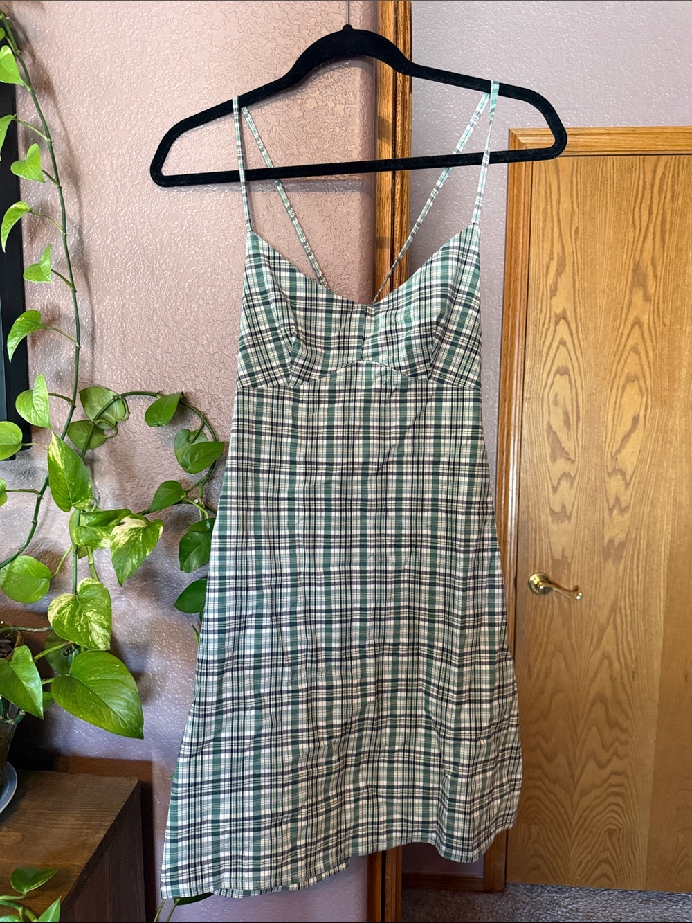 Plaid Spaghetti-Strap mini Dress - Green